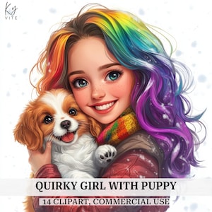 14 Clipart fille originale avec chiot, cadeau pour amoureux des chiens, clipart aquarelle imprimable, scrapbooking, fabrication de cartes, haute qualité, téléchargement numérique