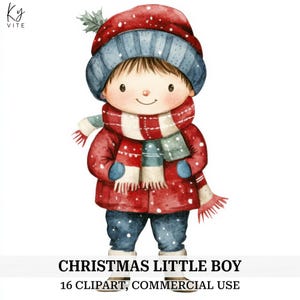クリスマスの男の子のクリップアート16点、スカーフを巻いた冬の休日の男の子、楽しいクラフト、スクラップブック、デジタルダウンロード用のお祝いの水彩画PNG印刷可能