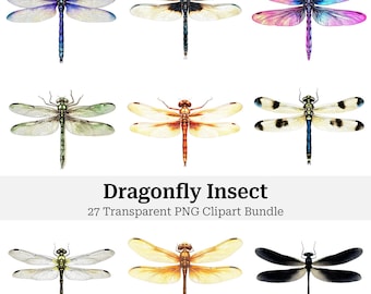 May include: A collection of nine dragonfly illustrations in various colors, including purple, black, and orange. The image includes the text "Dragonfly Insect" and "27 Transparent PNG Clipart Bundle".