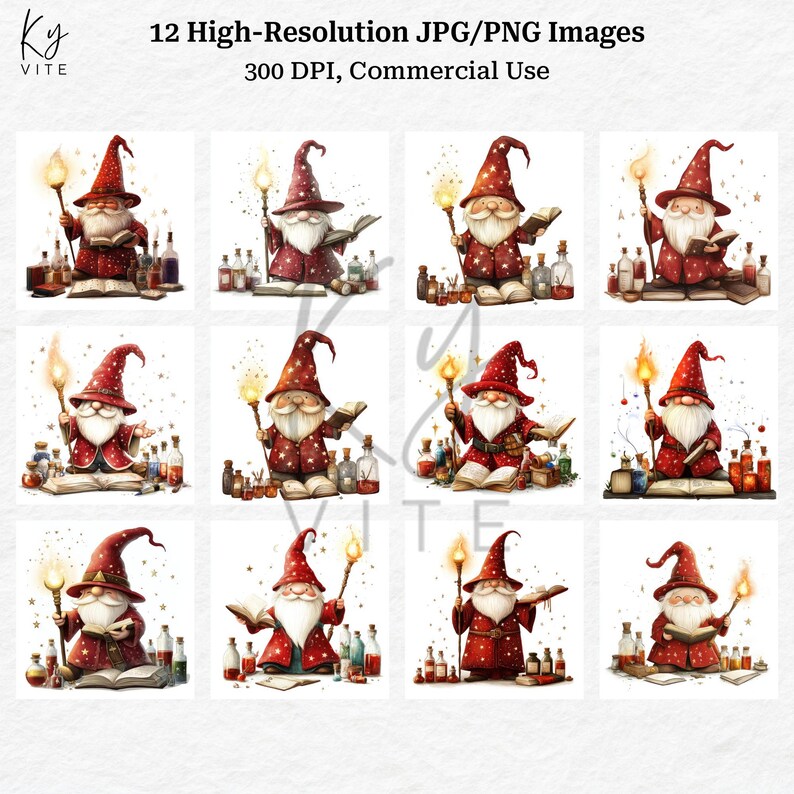 12 Red Wizard Gnome Clipart, Cartoon Gnome, Card Making, Scrapbook
