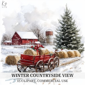 15 Winter Countryside View Clipart, Christmas Cart Barn Village, Printable Watercolor Clipart, Card Making, High Quality, Digital Download