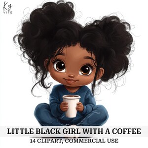 14 Little Black Girl with a Coffee clipart, Black American Girl, afdrukbare aquarel clipart, kaarten maken, hoge kwaliteit, digitale download