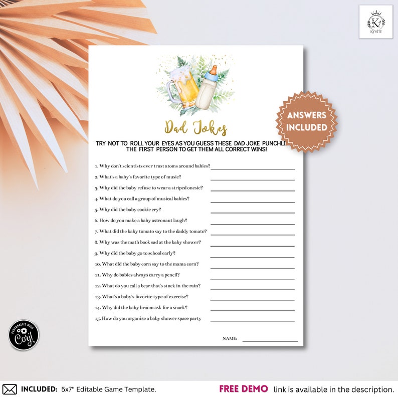 Editable Dad Jokes Baby Shower Game, Baby Boy is Brewing, Dad Riddles