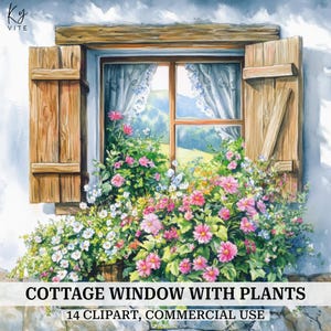 14 Clipart di davanzali di finestre di cottage, finestre rustiche, Clipart stampabili ad acquerello, lavoretti di carta, album di ritagli, alta qualità, download digitale