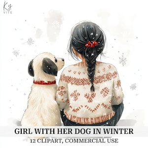 12 meisje en hond winter achteraanzicht clipart, winterwandeling met hond, achteraanzicht, papercraft, aquarel clipart, kaarten maken, digitale download