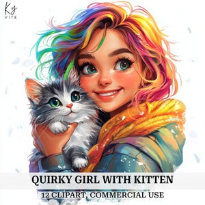 12 eigenzinnig meisje met kitten clipart, kattenliefhebber cadeau, afdrukbare aquarel clipart, scrapbooking, kaarten maken, hoge kwaliteit, digitale download