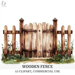 12 imágenes prediseñadas de valla de madera, arte infantil, imágenes prediseñadas de acuarela imprimibles, manualidades de papel, álbumes de recortes, diarios, alta calidad, descarga digital, CU