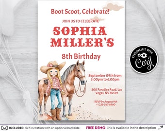 Editable Little Cowgirl Birthday Invitation 6th 7th 8th 9th Boot Scoot Cowgirl Birthday Invite Printable Corjl Template Instant Download