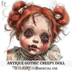 15 Clipart poupée gothique antique, creepy doll, clipart aquarelle imprimable, créations en papier, scrapbooking, journal, haute qualité, téléchargement numérique