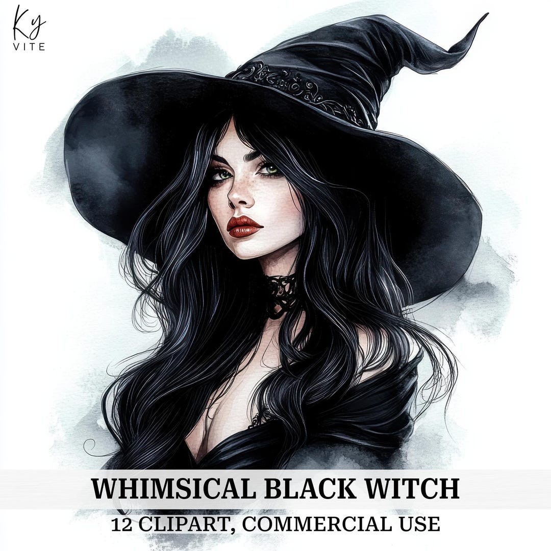 12 Black Witch Clipart, Quirky Witch, Witchcraft, Printable Watercolor ...