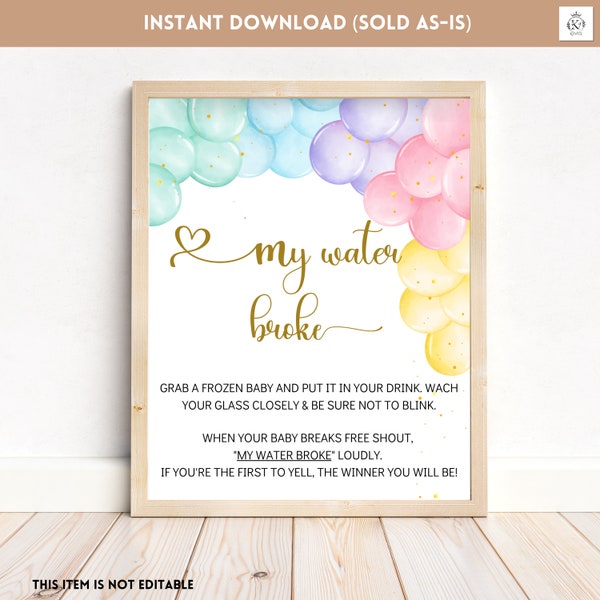 My Water Broke Baby Shower Sign, Pastel Balloons, Gender Neutral, Frozen Baby in Ice Cube Game, Event Sign, Co-Ed, Instant Download, BL8