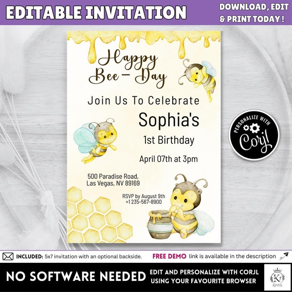 Editable Happy Bee Day Birthday Invitation for 1st 2nd 3rd 4th 5th 6th Birthday Invite Printable Corjl Template Instant Download