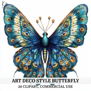 20 アールデコの蝶のクリップアート、アールデコ スタイルの花、蝶、印刷可能な水彩クリップアート、ペーパー クラフト、高品質、デジタル ダウンロード