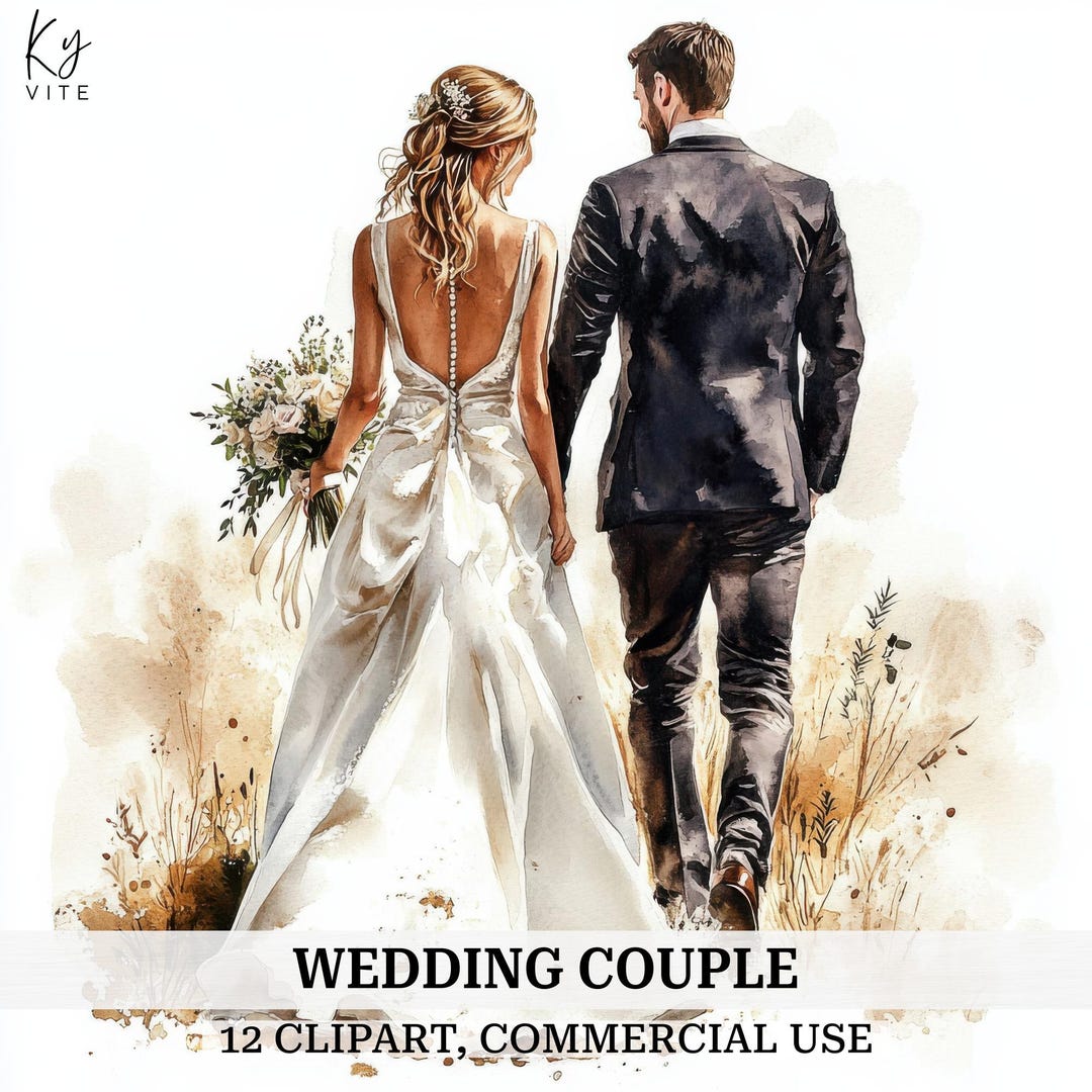 Watercolor Wedding Couple Clipart: Vintage Bride & Groom (digital ...