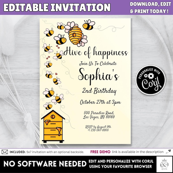 Editable Hive of Happiness Bee Day Birthday Invitation for 1st 2nd 3rd 4th 5th 6th Birthday Invite Printable Corjl Template Instant Download