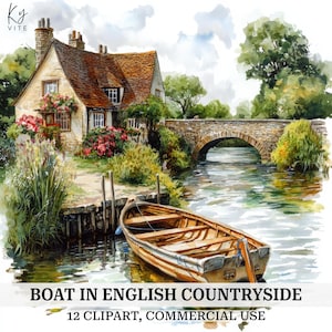 12 Boote in der englischen Landschaft Clipart, Kanal, druckbare Aquarell Clipart, Papiermodelle, Sammelalben, Journals, digitaler Download