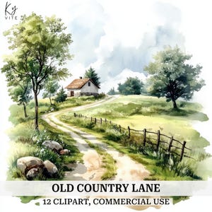 12 Old Country Lane Clipart, Farm Country Lane, Clipart de aquarela para impressão, artesanato em papel, álbum de recortes, diário, download digital de alta qualidade