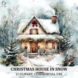 17 kersthuis clipart, kerstkaart kunst, afdrukbare aquarel clipart, papercraft, plakboek, dagboek, hoogwaardige digitale download