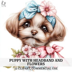 12 cliparts chiot mignon, Shih Tzu avec serre-tête, clipart aquarelle imprimable, créations en papier, scrapbooking, journal, haute qualité, téléchargement numérique