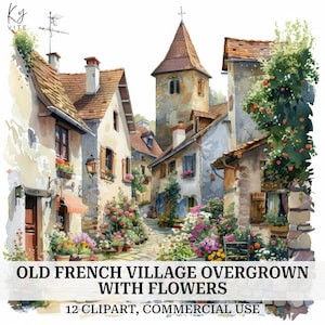 French Village Watercolor Clipart: Floral Cobblestone Streets (Digital Download)