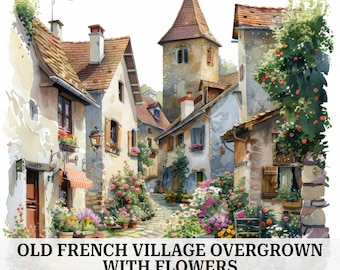 12 Old French Village Clipart, Cobblestone Street, Printable Watercolor Clipart, Paper Craft, Scrapbook, Journal, Digital Download, CU