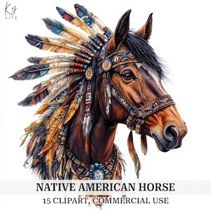 May include: A detailed illustration of a horse wearing a Native American headdress and ceremonial attire. The horse is brown with a white blaze, adorned with colorful feathers and beaded accents. Text at the bottom reads "NATIVE AMERICAN HORSE" and "15 CLIPART, COMMERCIAL USE."