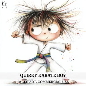 10 clipart peculiares de garotos de karatê, artes marciais, cabelos desgrenhados, clipart de aquarela para impressão, artesanato em papel, álbum de recortes, diário, download digital