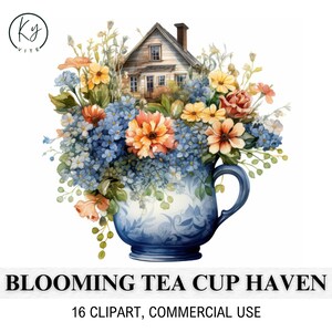 16 Blumige Teetasse Haus Clipart, wunderliche Teetasse, druckbare Aquarell Clipart, Papierkunst, Scrapbook, Journal, digitaler Download, CU