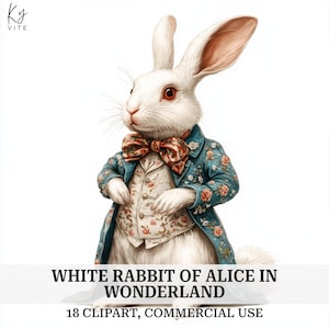 18 cliparts lapin blanc d'Alice au pays des merveilles, clipart aquarelle imprimable, papercraft, fabrication de cartes, haute qualité, téléchargement numérique