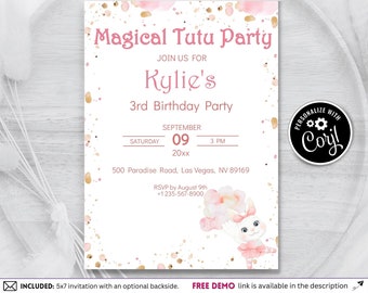 Editable Magical Tutu Dancing Birthday Invitation 3rd 4th 5th 6th 7th Birthday Invite for Girls Printable Corjl Template Instant Download