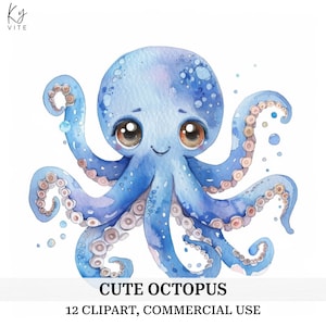 12 Colorful Octopus Clipart – Cartoon Watercolor Sea Creatures for Scrapbooking, Paper Crafts & Digital Download