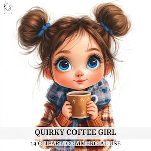 14 eigenzinnige koffiemeisje clipart, schattig koffiemeisje, ochtendkoffie, afdrukbare aquarel clipart, kaarten maken, hoge kwaliteit, digitale download