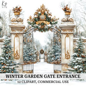 Puede incluir: Una entrada ornamentada a un jardín de invierno con árboles cubiertos de nieve y un camino que conduce a la distancia. La puerta está decorada con detalles dorados, un reloj y vegetación festiva. La imagen incluye el texto "Winter Garden Gate Entrance" y "12 Clipart, Commercial Use."
