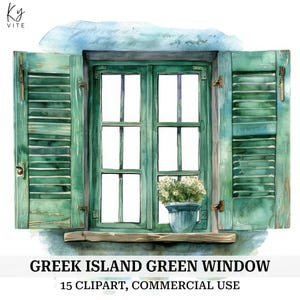 15 Clipart de fenêtre verte de l'île grecque, Santorin, Grèce, clipart aquarelle imprimable, créations en papier, scrapbooking, journal, téléchargement numérique