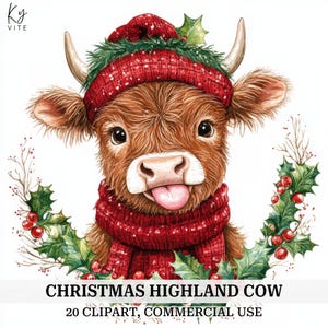 20 grappige kerst Highland Cow clipart, Winter Craft afdrukbare aquarel clipart, Paper Craft, kaarten maken, hoge kwaliteit, digitale download