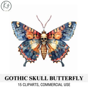 15 Gothic Schmetterling mit Schädel Clipart, Haunting Gothic Moth, druckbare Aquarell Clipart, Papierkunst, hohe Qualität, digitaler Download