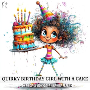 12 ausgefranstes Haar Geburtstag Mädchen Clipart, schrulliges Mädchen, druckbare Aquarell Clipart, Papiermodelle, Scrapbook, Journal, digitaler Download