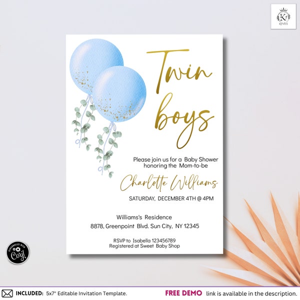 Editable Twin Boys Shower Invitation, Blue Watercolor Balloon Baby Boys Shower Invite, Printable Corjl Template, Instant Download, BL5