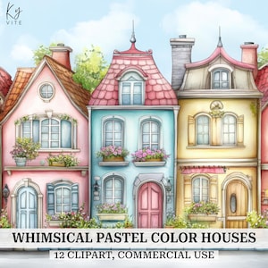 Puede incluir: Ilustración en acuarela de casas caprichosas en colores pastel. Las casas están pintadas en tonos rosa, azul y amarillo, con tejados rojos y rosas. Cada casa tiene ventanas, puertas y jardineras. El texto dice "WHIMSICAL PASTEL COLOR HOUSES" y "12 CLIPART, COMMERCIAL USE."