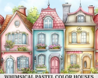Pastel Houses Watercolor Clipart: Whimsical Row Houses (Digital Download)