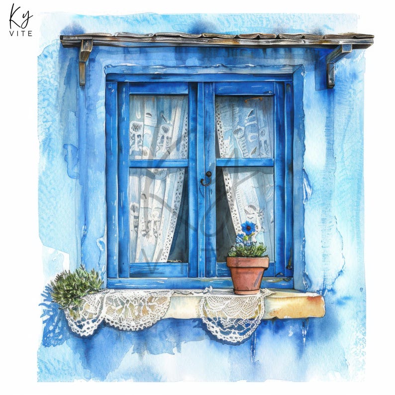 13 Greek Island Santorini Clipart, Blue Window, Printable Watercolor