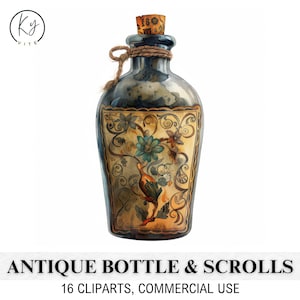 16 imágenes prediseñadas de botellas antiguas, botella con pergamino, imágenes prediseñadas de acuarela imprimibles, manualidades de papel, álbumes de recortes, diarios, alta calidad, descarga digital
