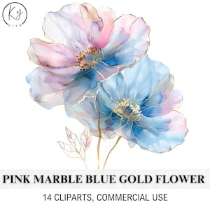 14 Clipart di fiori astratti, fiore rosa marmo blu e oro, Clipart di acquerelli stampabili, JPG di alta qualità, download digitale, artigianato di carta