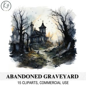 15 imágenes prediseñadas de cementerio abandonado, cementerio gótico, imágenes prediseñadas de acuarela imprimibles, manualidades de papel, álbum de recortes, alta calidad, descarga digital