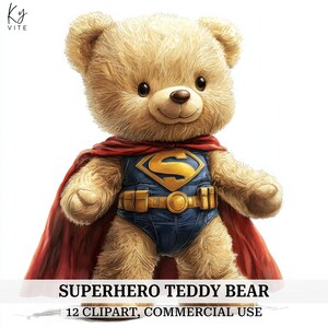 12 cliparts super-héros ours en peluche, ours en peluche fantaisiste, journal, album, aquarelle imprimable, créations en papier, haute qualité, téléchargement numérique