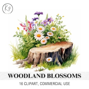 16 boomlogboek clipart, wilde bloemen op boomstammen, afdrukbare aquarel clipart, papercraft, plakboek, hoge kwaliteit, digitale download, CU