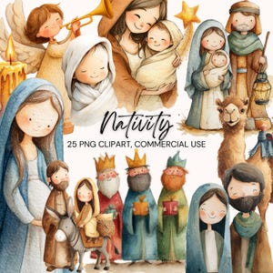 Puede incluir: Ilustración en acuarela de una escena de la Natividad con el texto "Nativity". La imagen presenta a María, José, el niño Jesús, los Reyes Magos, ángeles y un camello. Las figuras están representadas en colores suaves con un estilo caprichoso.