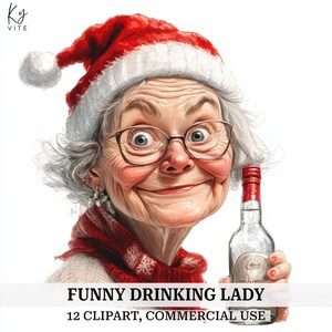 12 oude grappige drinkende dame clipart, drinkende oma, papercraft, afdrukbare aquarel clipart, kaarten maken, hoge kwaliteit, digitale download