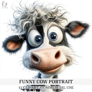 12 grappige koe portret clipart, comics koe, hoge kwaliteit, afdrukbare aquarel clipart, digitale download, papier ambachtelijke scrapbooking journaling
