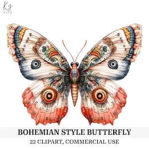 22 Boho Style Butterfly Clipart, Boho Butterfly Printable Clipart, Papel Artesanal, Scrapbook, Diário, Alta Qualidade, Download Digital